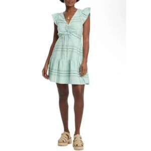 Universal Thread Skater Dress M Women's Green Plaid Flutter Short Sleeve Ruffle
